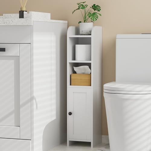 Homhedy Small Bathroom Storage Corner Floor Cabinet with Door and Shelves. Beside The Toilet Paper Stand for Skinny. Narrow Toilet Paper Cabinet. 7.9 D x 7.1 W x 31 H. White