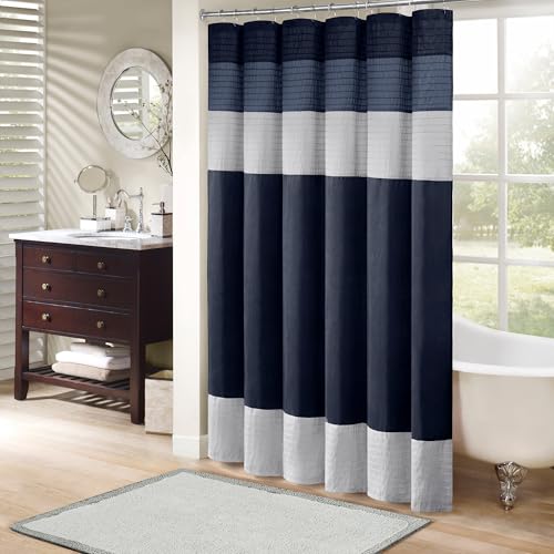 Madison Park Amherst Bathroom Shower Curtain Faux Silk Pieced Striped Modern Microfiber Bath Curtains. 72x72 Inches. Navy
