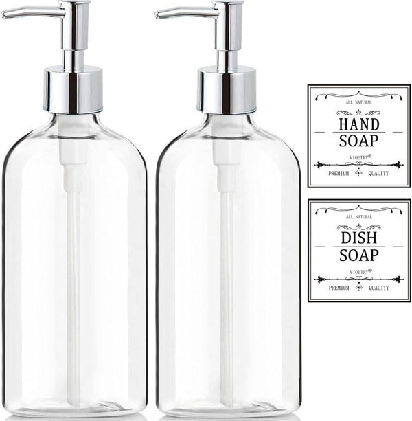 Clear Soap Dispenser with Rust Proof Pump. Waterproof Labels (2 Pack.16 Oz). Plastic Hand Soap Dish Soap Dispenser for Kitchen Bathroom