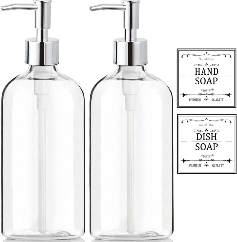Clear Soap Dispenser with Rust Proof Pump. Waterproof Labels (2 Pack.16 Oz). Plastic Hand Soap Dish Soap Dispenser for Kitchen Bathroom