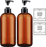 Clear Soap Dispenser with Rust Proof Pump. Waterproof Labels (2 Pack.16 Oz). Plastic Hand Soap Dish Soap Dispenser for Kitchen Bathroom