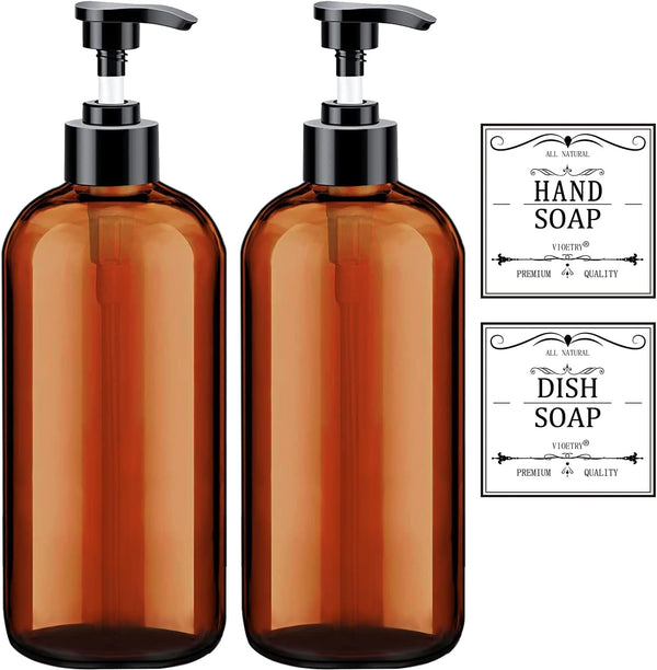 Clear Soap Dispenser with Rust Proof Pump. Waterproof Labels (2 Pack.16 Oz). Plastic Hand Soap Dish Soap Dispenser for Kitchen Bathroom