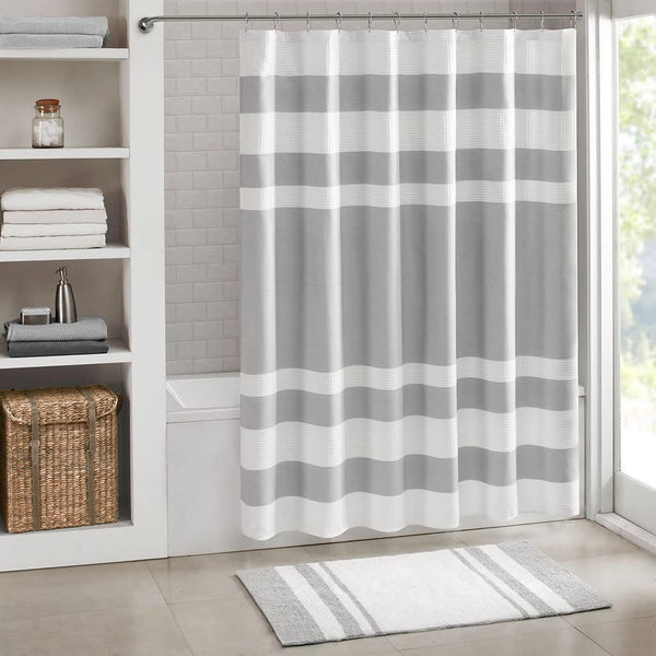 Madison Park Shower Curtain Waffle Weave Striped Pieced Design Fabric Shower Curtains for Bathroom with 3M Scotchgard Moisture Management Premium Spa Quality Modern Standard 72x72 Grey