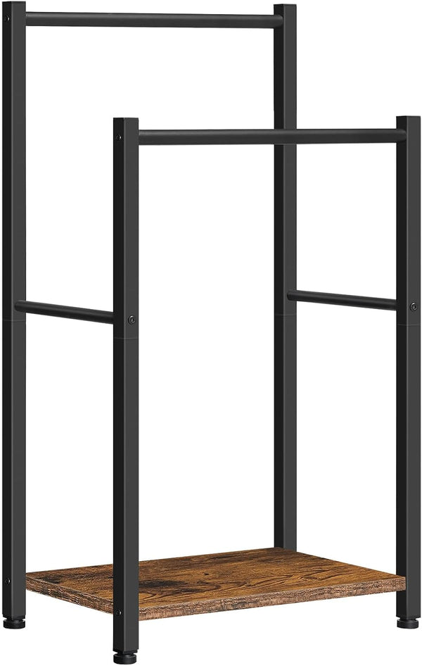 HOOBRO Free Standing Towel Rack for Bathroom. 2 Tier Blanket Rack. 16.5 L x 9.4 W x 31.5 H. Blanket Holder. Drying and Display Rack with Shelf. Rustic Brown and Black BF02LB01