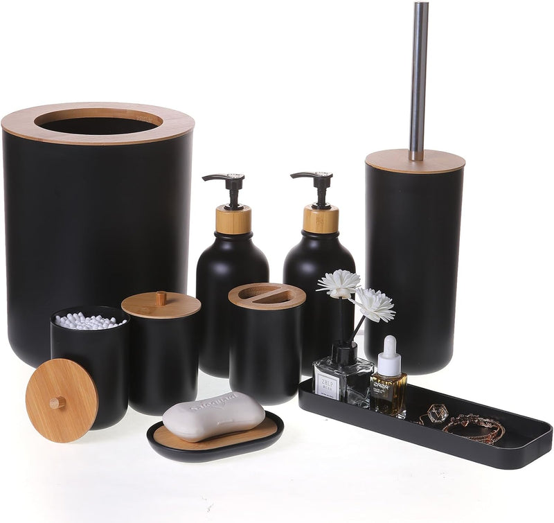 Matte Black Bathroom Accessories Set 9PCS.Bamboo Bathroom Accessories Sets Complete with Trash Can.Soap Dispenser and Toothbrush Holder Set.Toilet Brush.Qtip Holder.Vanity Tray.Soap Dish
