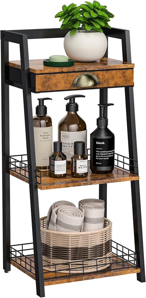 keomaisyto 3-Tier Bathroom Shelves with Drawer. Floor Bathroom Storage Shelf. Small Storage Stand Rack. Freestanding Ladder Bookshelf for Living Room Bedroom