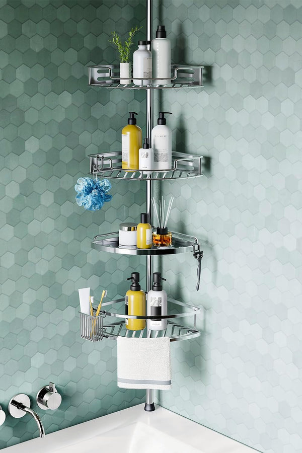 HAMITOR Corner Shower Caddy Tension Pole: Quick Installation 4-Tier Rustproof Bathroom Organizer Shelves for Bathtub Shampoo Storage - 47-121 inch Adjustable Floor Standing Bath Rack Holder - Black