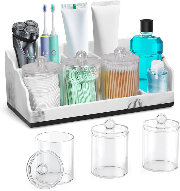 Marble Bathroom Countertop Organizer. Toothbrush Holders for Bathroom with 3PCS Qtip Holder Dispenser and Toothpaste Holder Drainage for Bathroom Accessories Organization Counter Vanity Storage