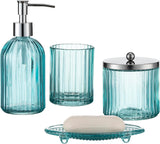 4PCs Heavy Weight Decent Glass Bathroom Accessories Set with Decorative Pressed Pattern - Includes Hand Soap Dispenser & Tumbler & Soap Dish & Toothbrush Holder (Olive Green)
